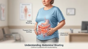 Bloating showing gas buildup in intestines causing abdominal swelling