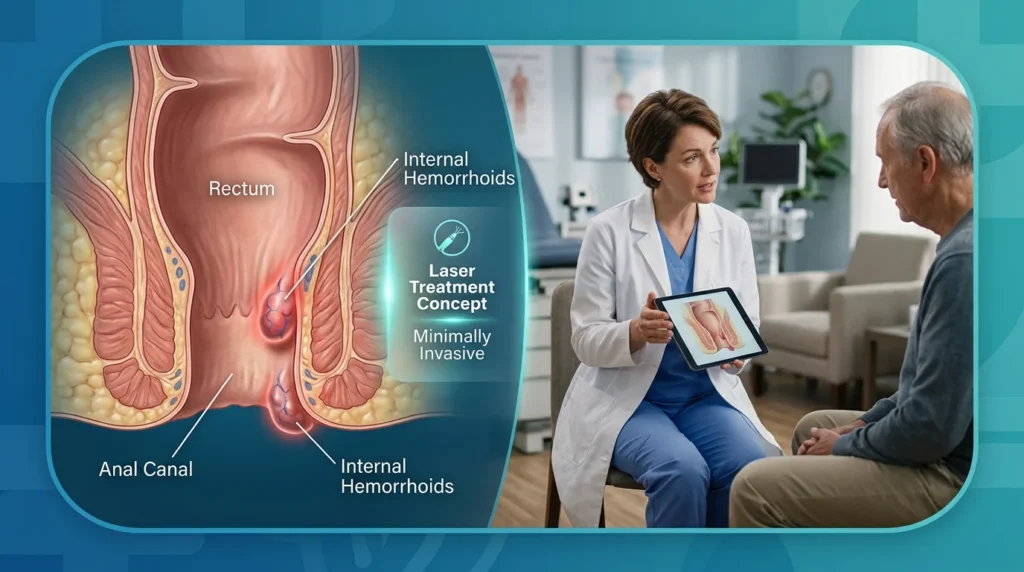 Medical illustration explaining piles haemorrhoids in the rectum and anal canal