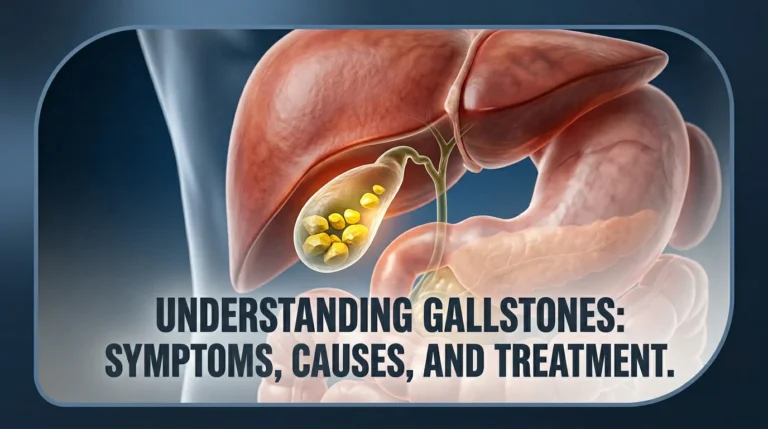 Medical illustration showing gallstones in gallbladder with treatment concept
