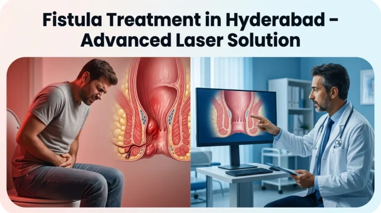 Highly realistic split-screen medical illustration showing left side (problem) a person experiencing severe anal pain and discomfort while sitting, red inflamed area around anal region indicating fistula infection, and right side (solution) doctor explaining advanced laser fistula treatment with clean healed tissue visualization, modern clinic environment, smooth transition from pain (red tones) to recovery (blue tones), curved rounded edges frame, professional healthcare blog banner, cinematic lighting, ultra detailed anatomy, ultra HD 4K quality, bold headline text centered inside the image reading “Fistula Treatment in Hyderabad – Advanced Laser Solution” in dark strong font