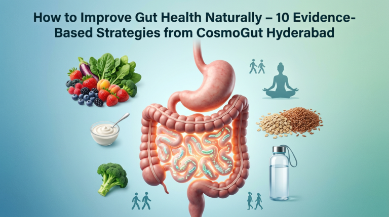 Illustration of healthy gut microbiome and natural ways to improve gut health
