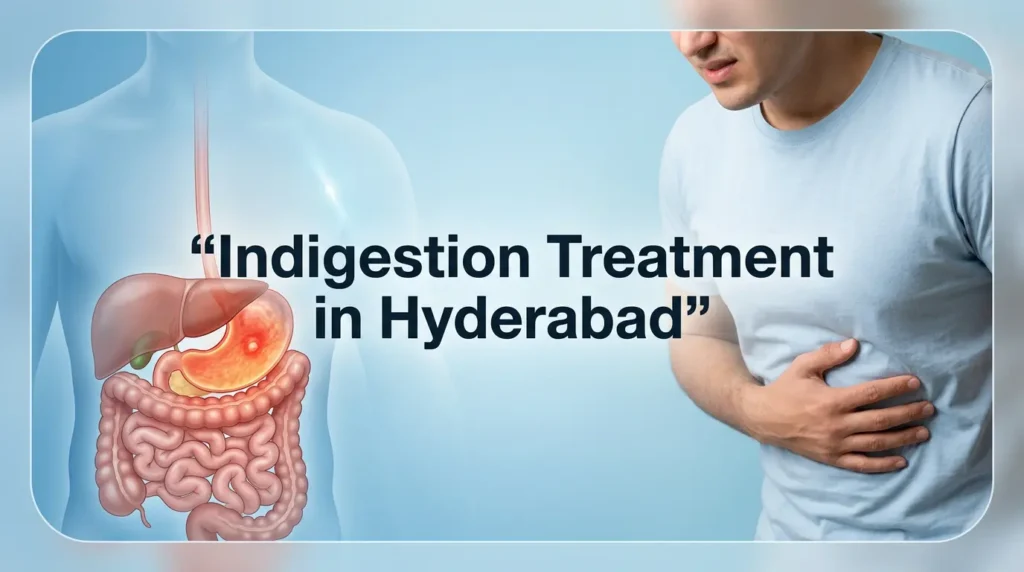 Indigestion pain in stomach with digestive system illustration